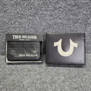 True Religion Bifold Wallet Front Logo Embroidery Black RFID Block W/ Desk Caddy